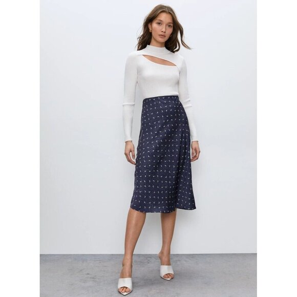 NWOT Aritzia BABATON Navy Blue Moon Printed Satin Midi Slip Skirt, Size 00 - Picture 11 of 13